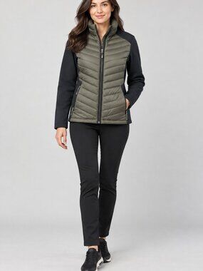 32 Degrees Olive Quilted Puffer Jacket with Black Softshell Sleeves